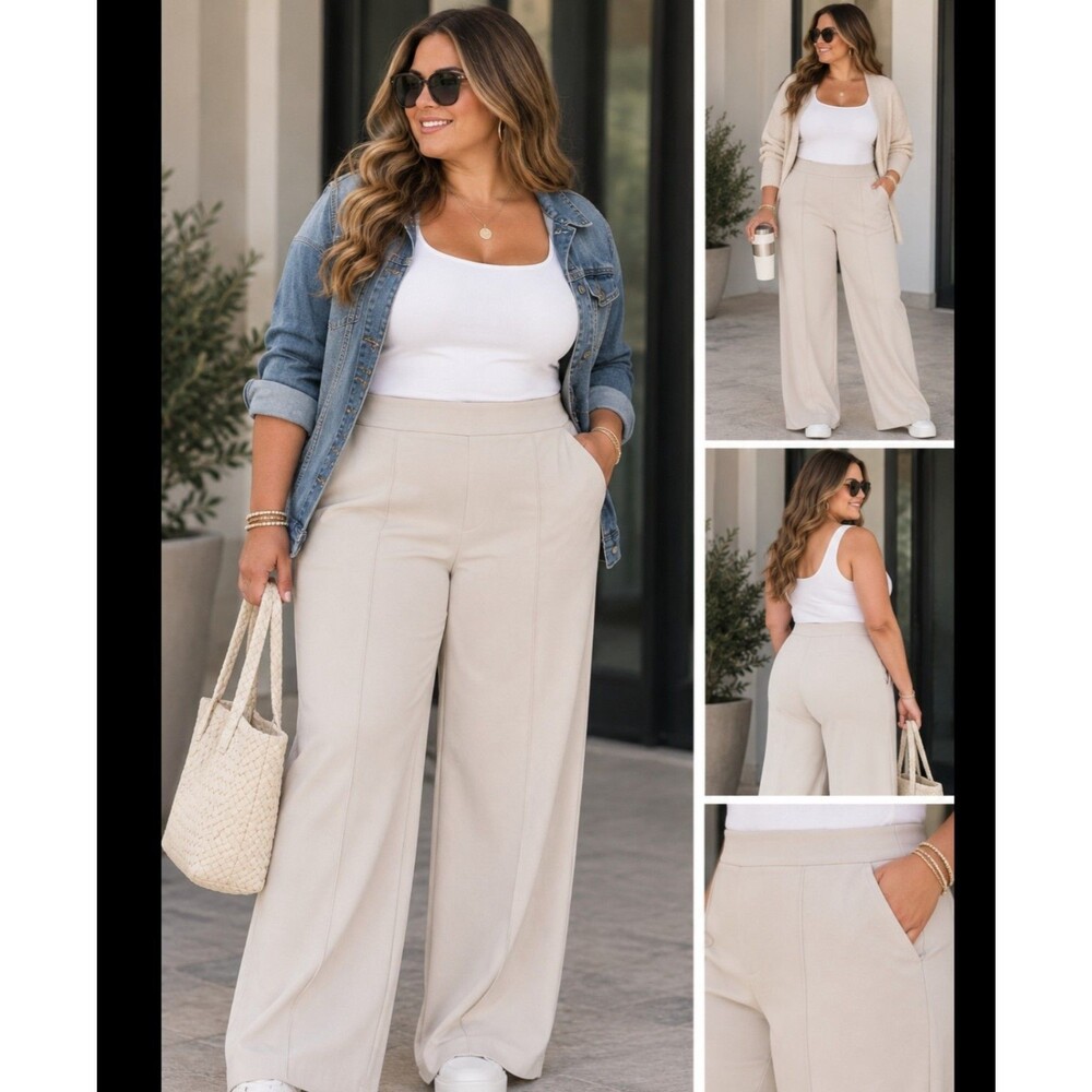 Spanx Stretch Crepe Wide Leg Dress Pants 3XL Parchment NWT Trouser Front Seam